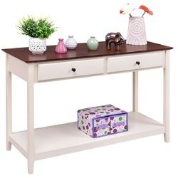 Console Sofa Table White Wood with Walnut Finish Top 2-Drawer