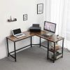 L-Shape Wood and Metal Frame Computer Desk with 2 Shelves, Brown and Black