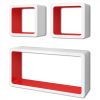 3 White-Red MDF Floating Wall Display Shelf Cubes Book-DVD Storage