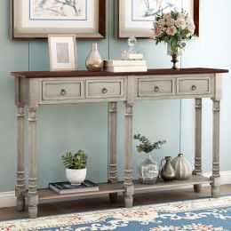 Console Table for Entryway with Drawers, Shelf Rectangular, Solid Wood Long Table Antique Gray
