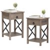 End Table, Farmhouse Wood Nightstand with Drawer, Set of 2 - Rustic Grey & Black