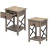 End Table, Farmhouse Wood Nightstand with Drawer, Set of 2 - Rustic Grey & Black