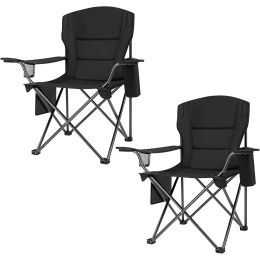 Oversized Heavy Duty Camping Chairs 2 Pack; Padded Compact Folding Portable w/ Cooler Cup Holder side pocket Supports 300 lbs (Color: Black)